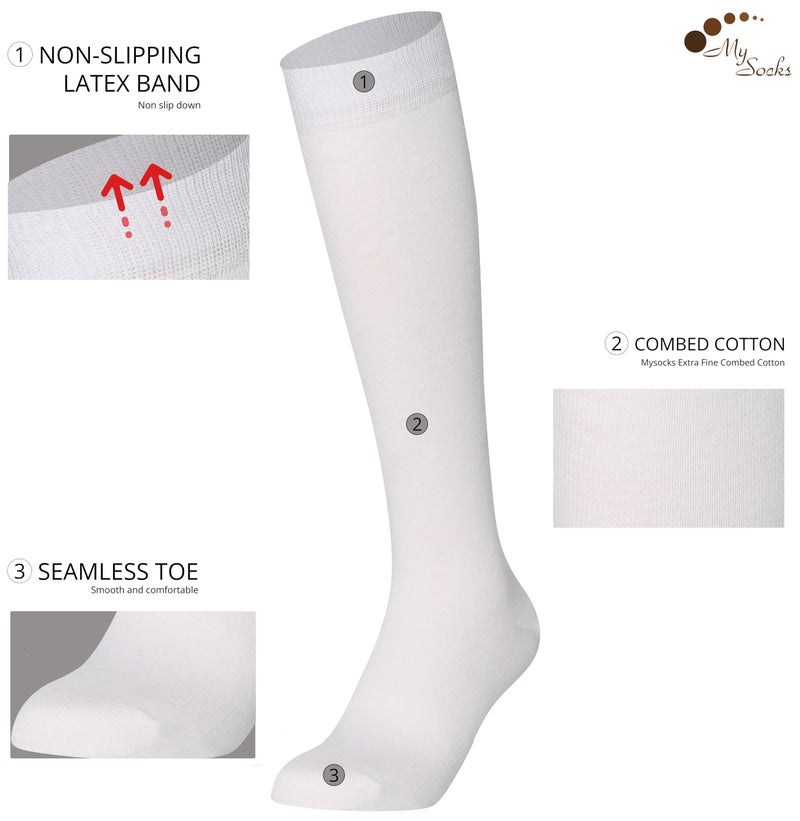 Mysocks جوارب ميسوك عالية الركبة بيضاء للنساء والرجال من القطن الممشط بدون كعب طويلة عالية بيضاء، 8-11 - Image 2